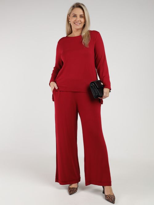 Calça Malha Wide Leg Plus Size Feminino VINHO