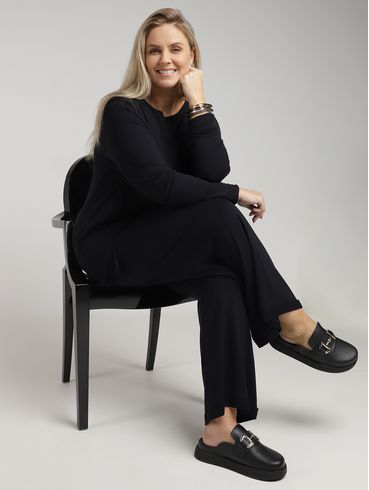 Calça Malha Wide Leg Plus Size Feminino PRETO
