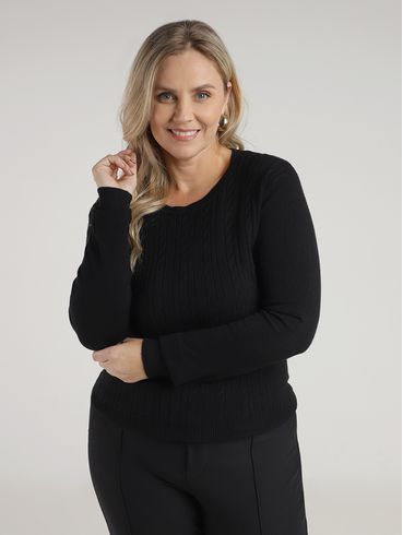 Blusão de Tricot Manga Longa Plus Size Feminino PRETO