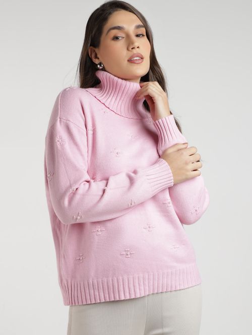 Blusão Tricot Gola Alta Feminino ROSA CLARO