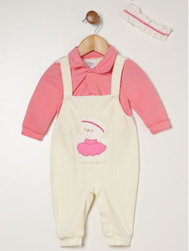 Macacão Plush Infantil Para Bebê - OFF WHITE/ROSA