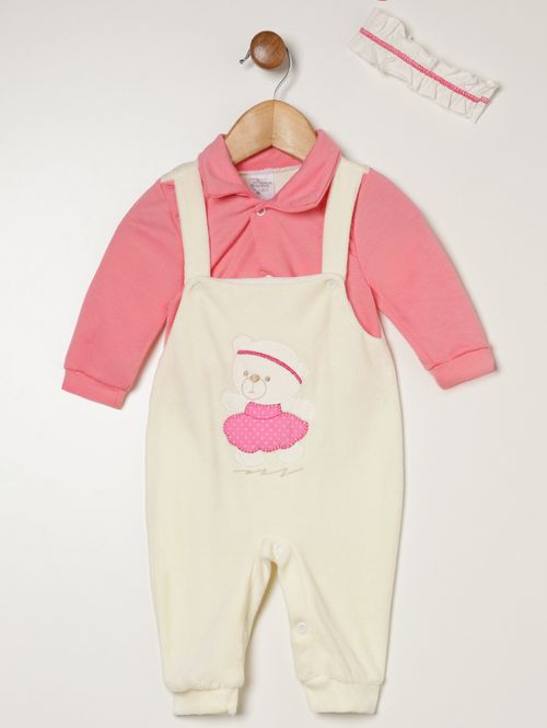 Macacão Plush Infantil Para Bebê - OFF WHITE/ROSA