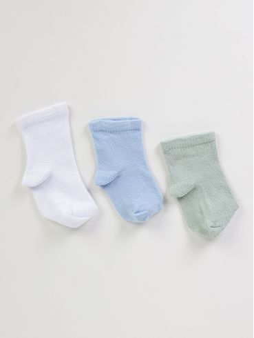 Kit com 03 Meias Infantil Para Bebê- BRANCO/VERDE/AZUL