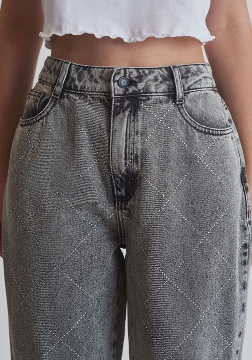 Calça jeans reta cintura alta com brilhos