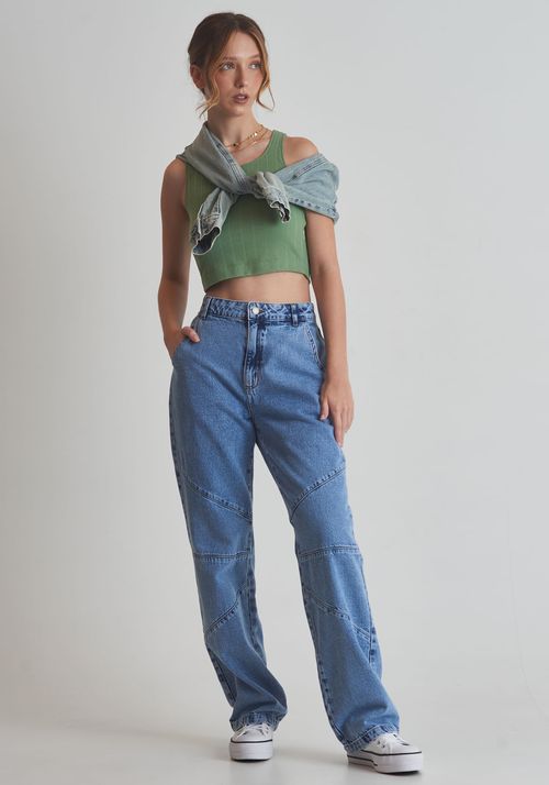 Calça Jeans Cintura Alta com Bordado de Flores