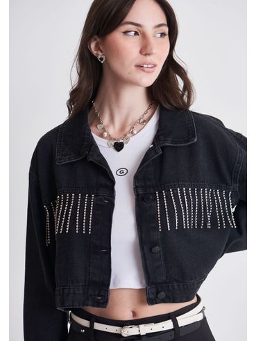 Jaqueta Black Jeans com Franjas de Strass