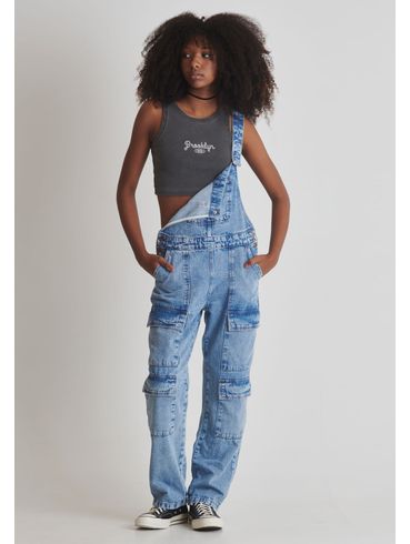 MACACÃO JEANS COM BOLSOS CARGO
