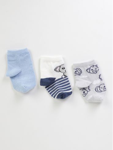 Kit com 03 Meias Infantil Para Bebê- OFF WHITE/AZUL/MESCLA