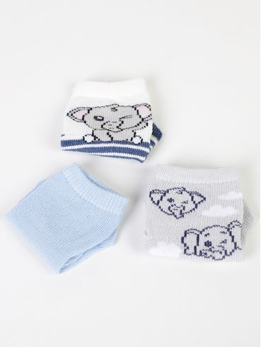 Kit com 03 Meias Infantil Para Bebê- OFF WHITE/AZUL/MESCLA