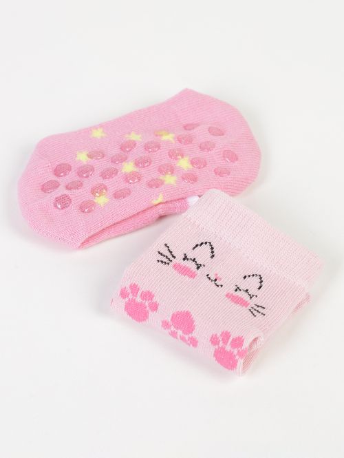 Kit  02 Meias Antiderrapante Infantil Para Bebê - CINZA/ROSA