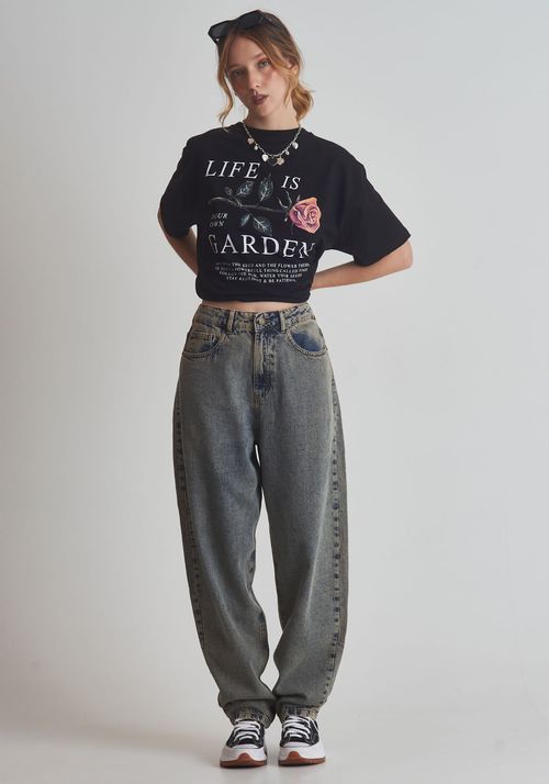 Calça jeans balloon cintura média esverdeado claro