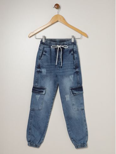 Calça Jeans Jogger Cargo Juvenil Para Menino - AZUL