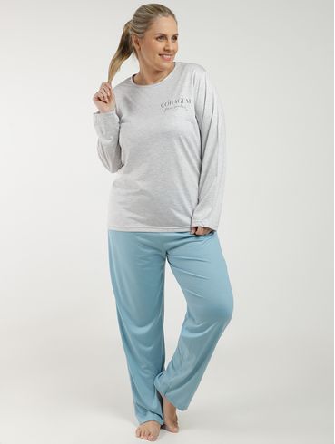 Pijama Longo Plus Size Feminino MESCLA/AZUL