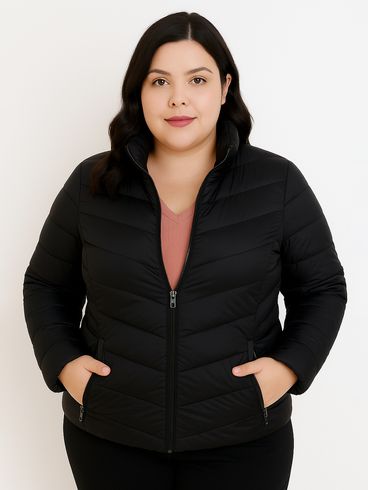 Jaqueta Puffer Nylon Forrada Plus Size Feminina PRETO