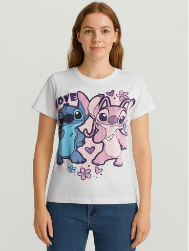 Blusa Manga Curta Stitch e Angel Feminina OFF WHITE