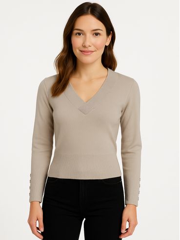 Blusa de Tricot Decote V Feminina AREIA