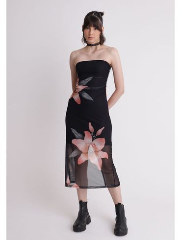 Vestido midi em tule sem alça