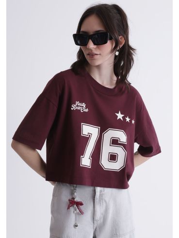 Camiseta Cropped Ampla com Estampa College 76