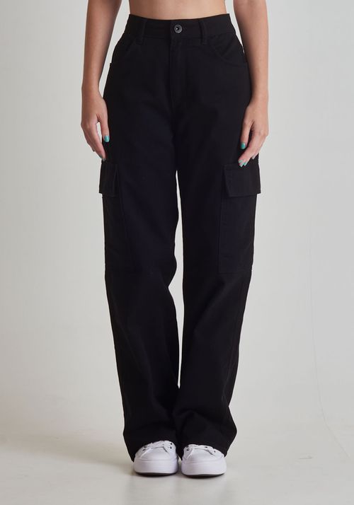 Calça sarja wide leg bolso cargo
