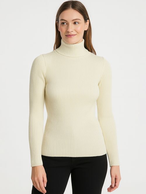 Blusa Tricot Manga Longa Gola Alta Feminina BEGE