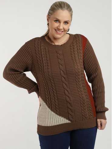 Blusa Tricot Manga Longa Plus Size Feminina MARROM