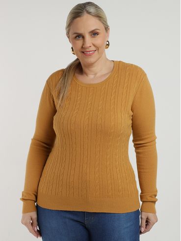 Blusão de Tricot Manga Longa Plus Size Feminino OCRE