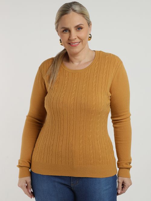 Blusão de Tricot Manga Longa Plus Size Feminino OCRE