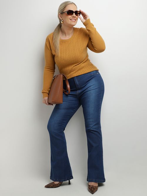 Blusão de Tricot Manga Longa Plus Size Feminino OCRE