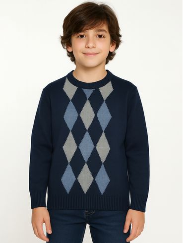 Blusão Tricot Infantil Para Menino - MARINHO/CINZA/AZUL
