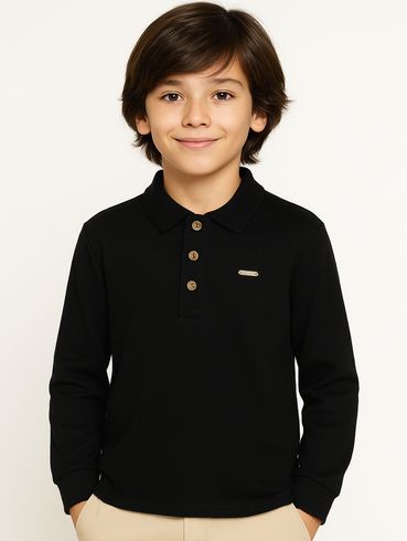 Polo Manga Longa Infantil Para Menino - PRETO