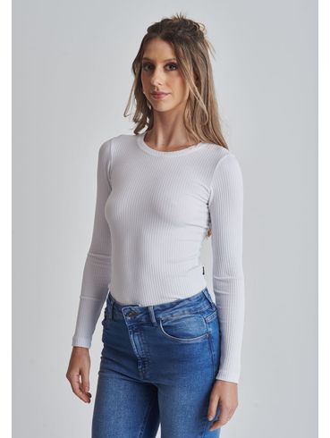Blusa básica canelada manga longa branca