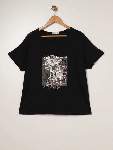 Blusa Manga Curta Estampada Plus Size Feminina PRETO