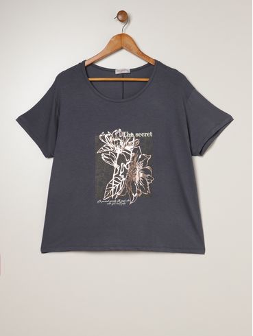 Blusa Manga Curta Estampada Plus Size Feminina CINZA
