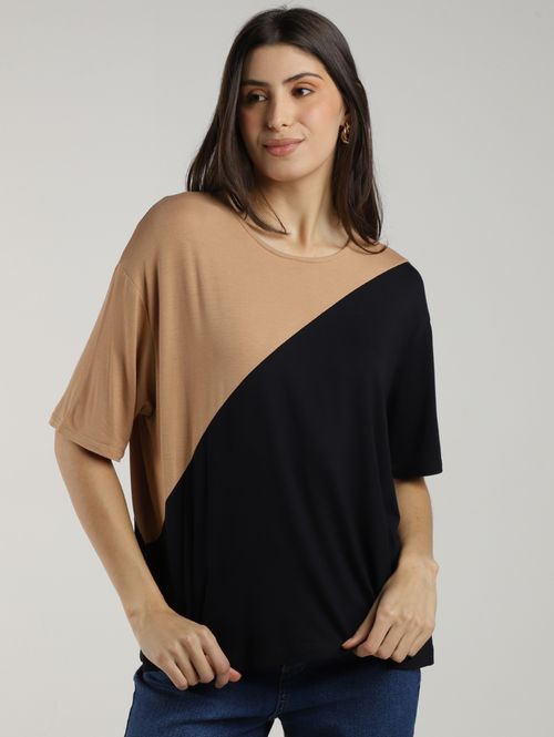 Blusa Bloco Cores Manga Curta Autentique Feminina PRETO/PRETO/BEGE