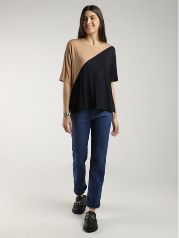 Blusa Bloco Cores Manga Curta Autentique Feminina PRETO/PRETO/BEGE