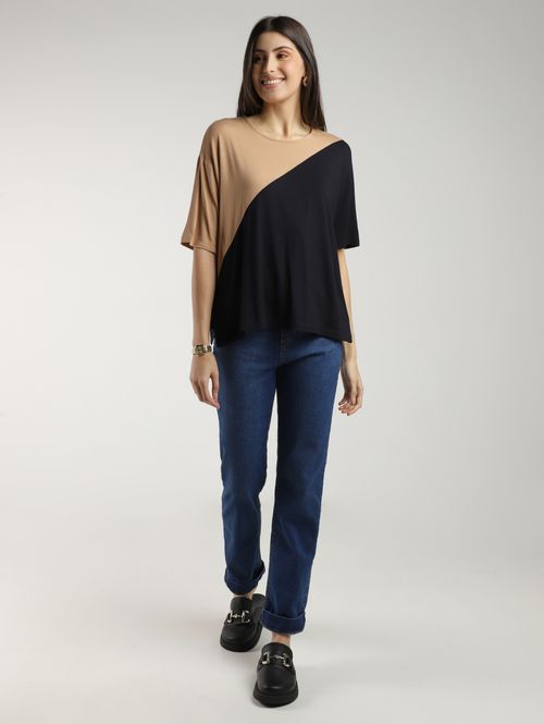 Blusa Bloco Cores Manga Curta Autentique Feminina PRETO/PRETO/BEGE