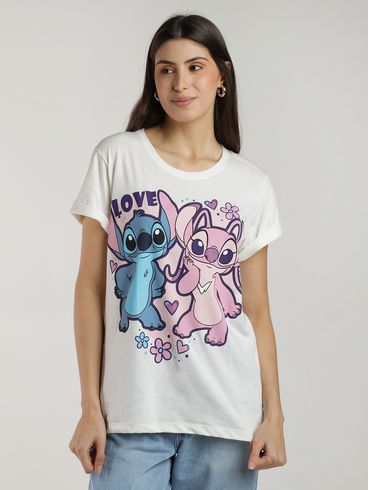 Blusa Manga Curta Stitch e Angel Feminina OFF WHITE