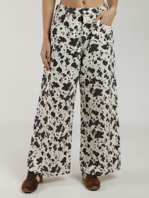 Calça Wide Leg Cow Print Autentique Feminina BEGE