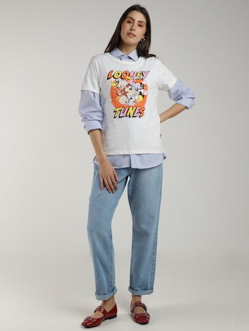 Blusa Manga Curta Looney Tunes Feminina OFF WHITE