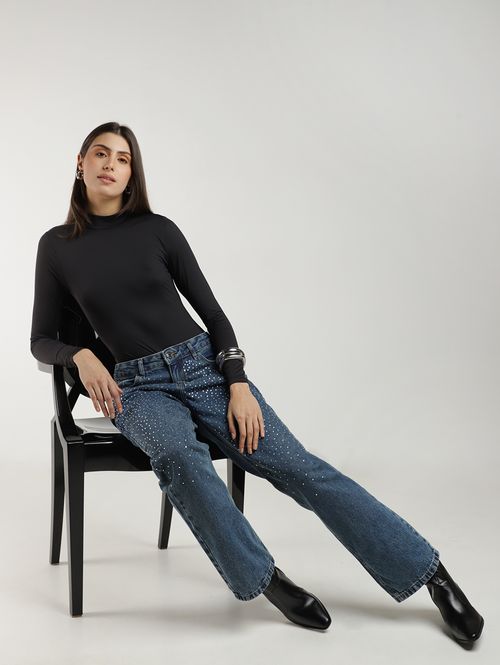 Calça Jeans Reta Brilhosa Autentique Feminina AZUL