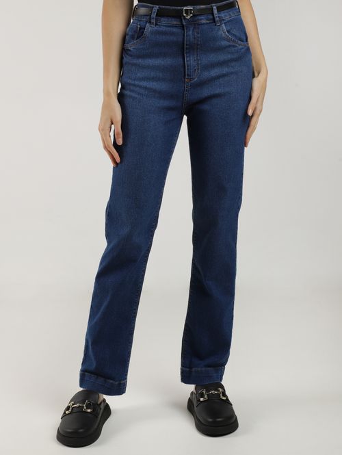 Calça Jeans Reta Com Cinto Pisom Feminina AZUL