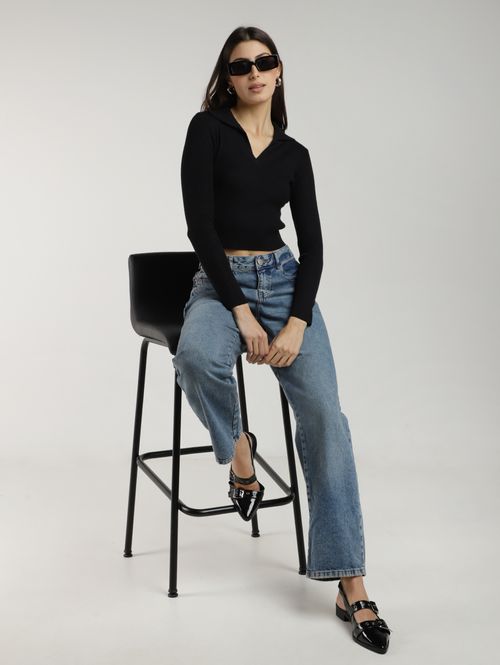 Blusão Tricot Cropped Feminino PRETO