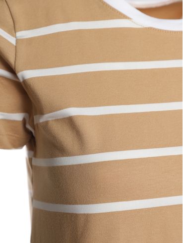 Blusa Cotton Listrado Manga Curta Feminina BEGE