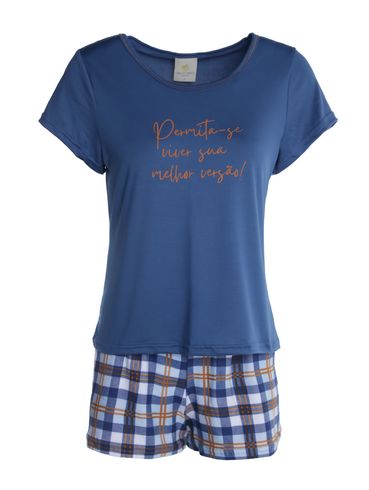 Pijama Curto Suede Xadrez Feminino AZUL