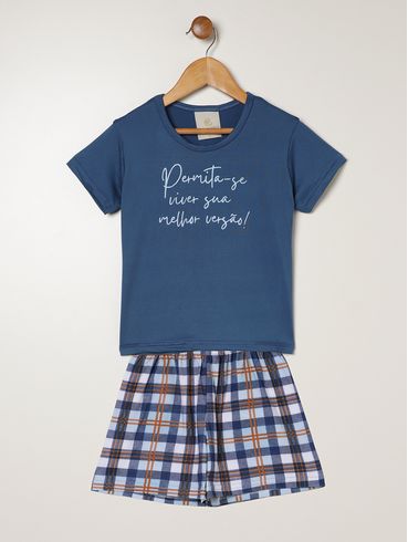 Pijama Curto Suede Xadrez Infantil Para Menino - AZUL