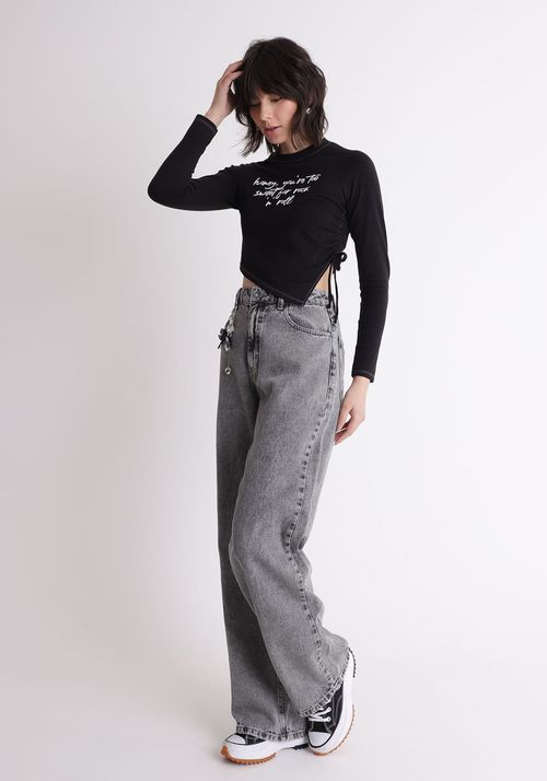 Calça jeans wide leg cintura alta