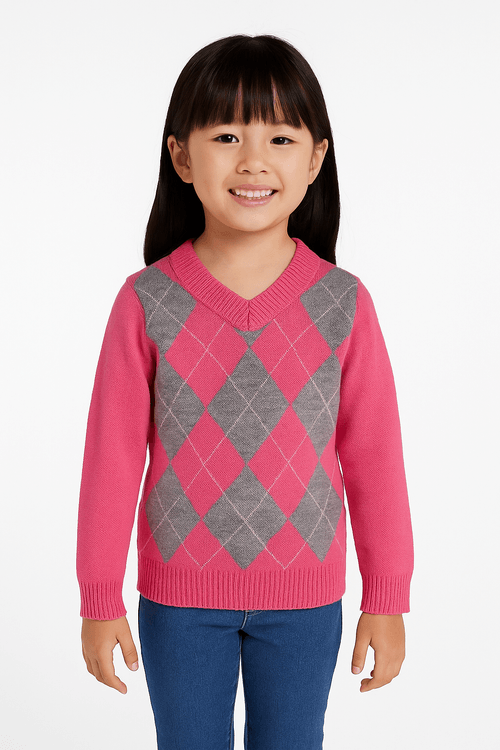 Blusão Tricot Xadrez Argyle Infantil Para Menina - ROSA