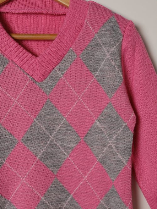 Blusão Tricot Xadrez Argyle Infantil Para Menina - ROSA