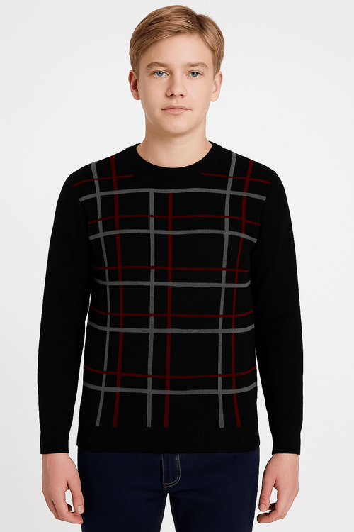 Blusão Tricot Juvenil Para Menino - PRETO/GRAFITE/VERMELHO