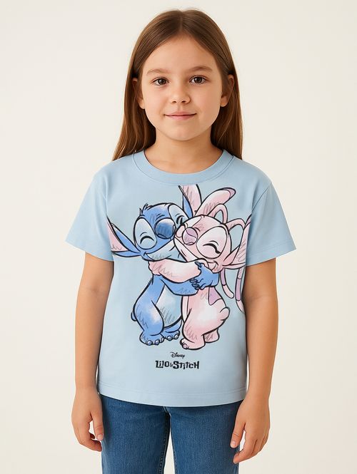 Blusa Stitch Manga Curta Infantil Para Menina - AZUL